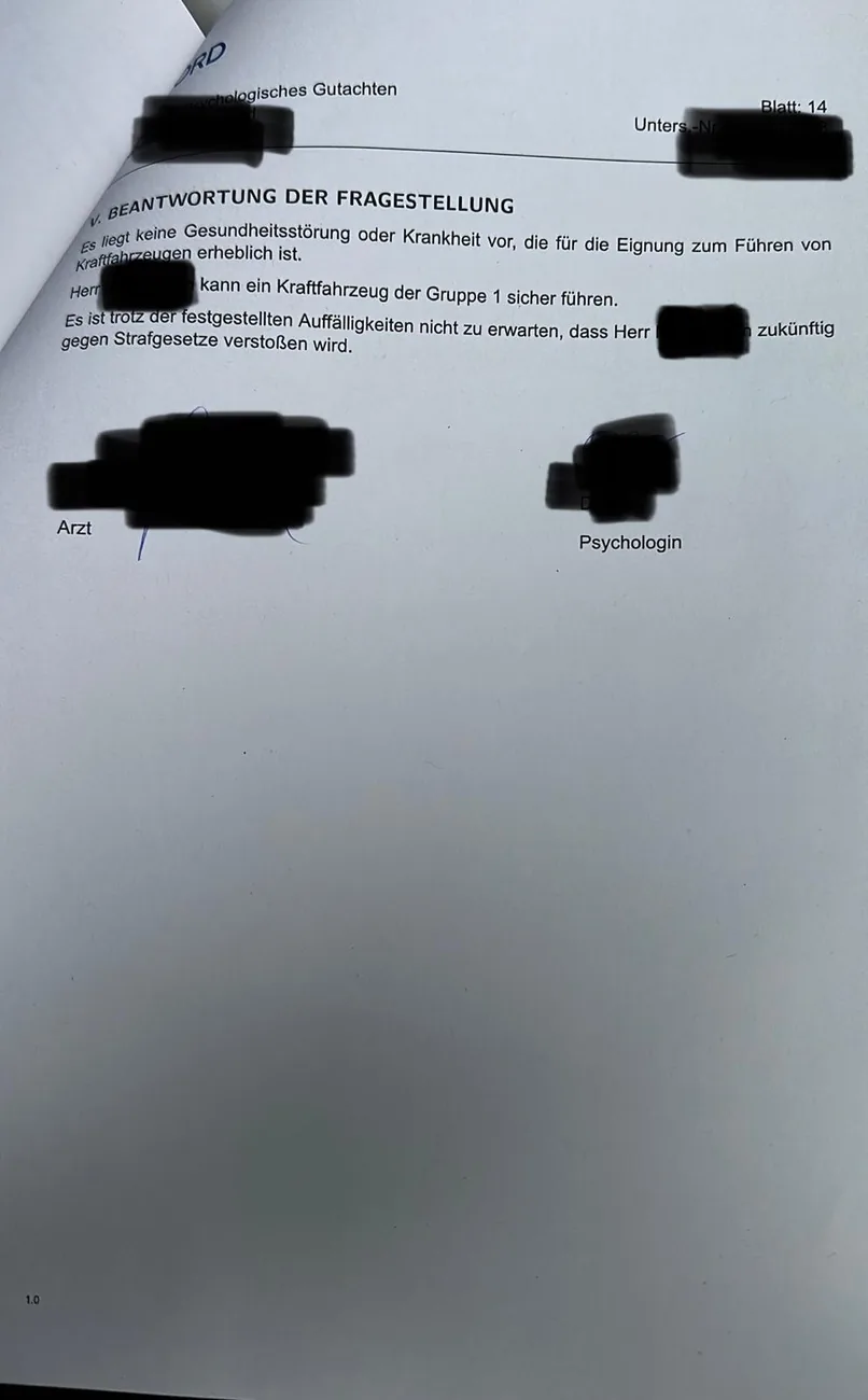 Anonymisiertes bestandenes MPU-Gutachten
