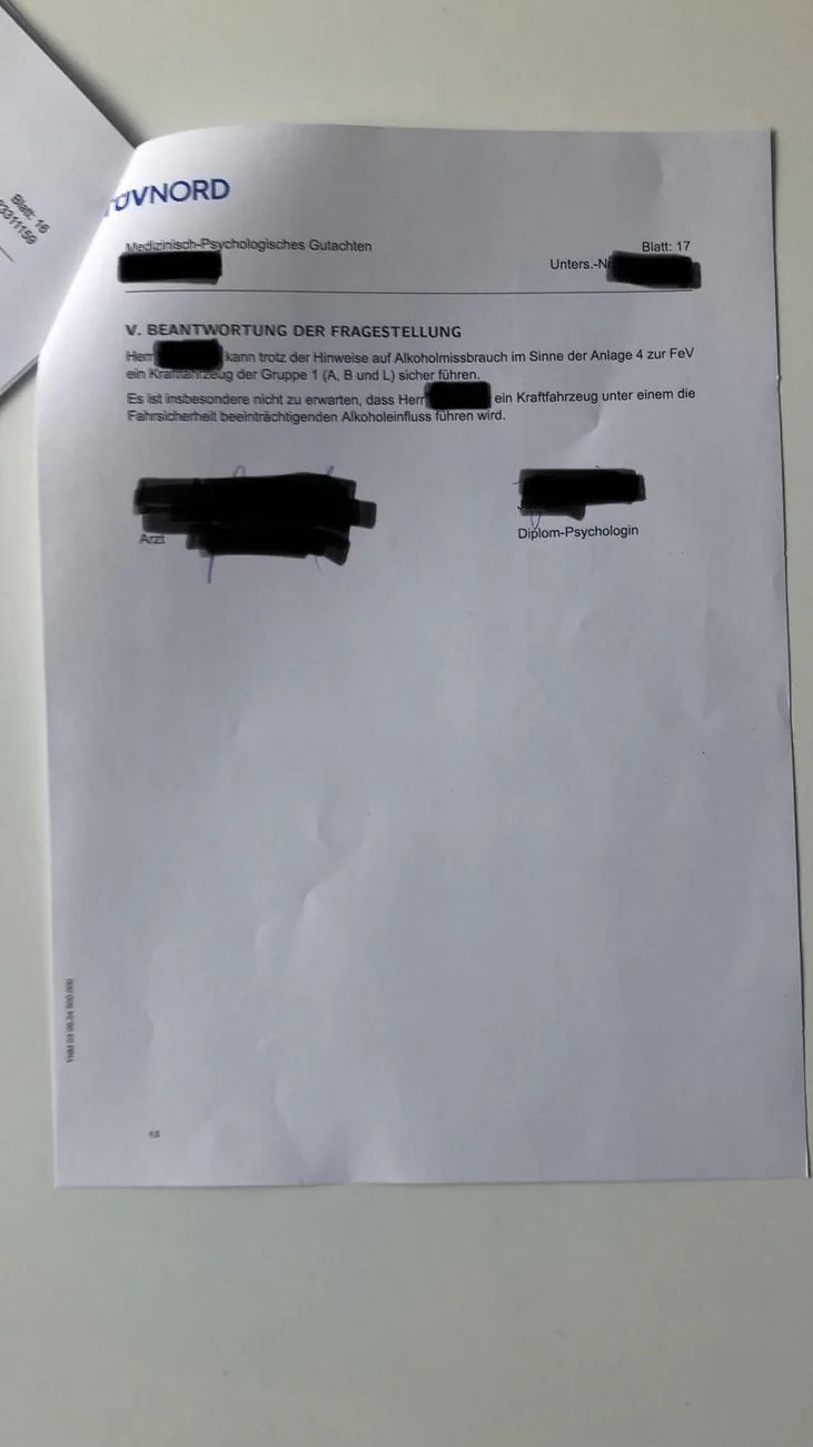 Anonymisiertes bestandenes MPU-Gutachten